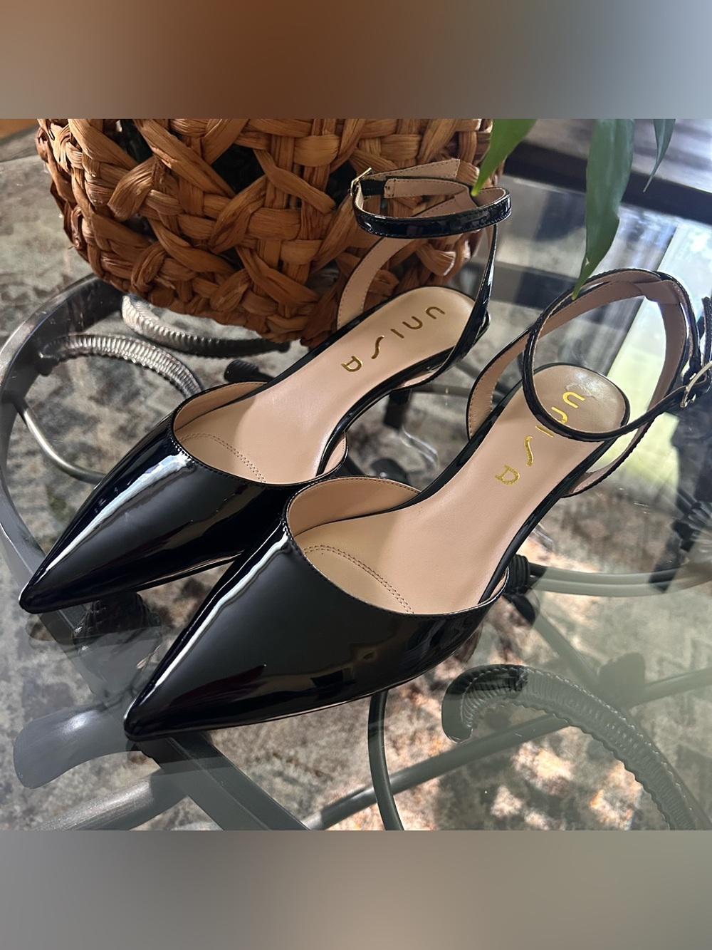 Unisa Black Patent Pointed Toe Ankle-Strap Kitten Pumps